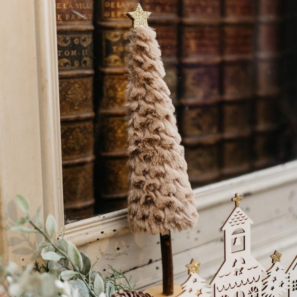 Beauty Home Έλατο με γούνα ταμπά σε ξύλινη βάση και αστέρι με χρυσό γκλίτερ Ø7 x 33 - Image 3